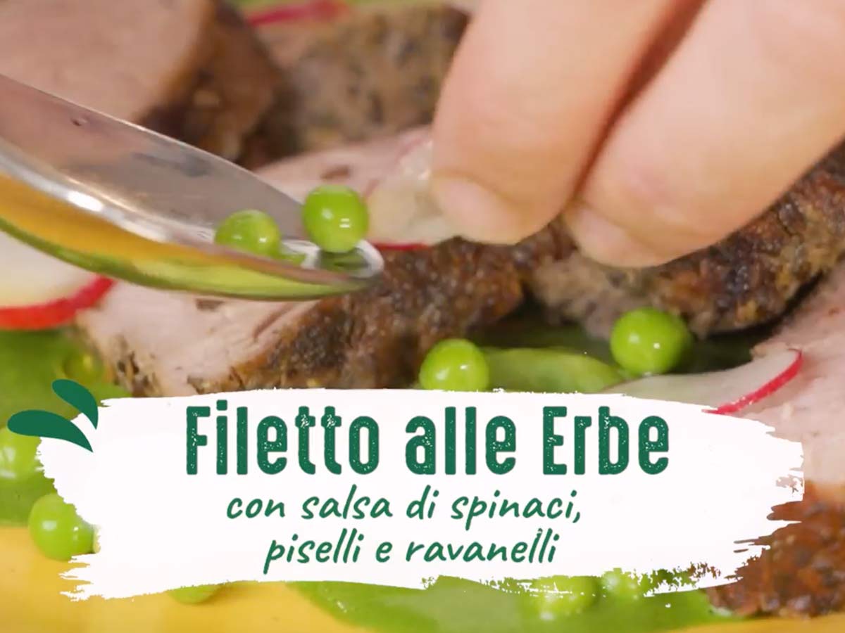 Filetto alle Erbe con salsa di spinaci, piselli e ravanelli